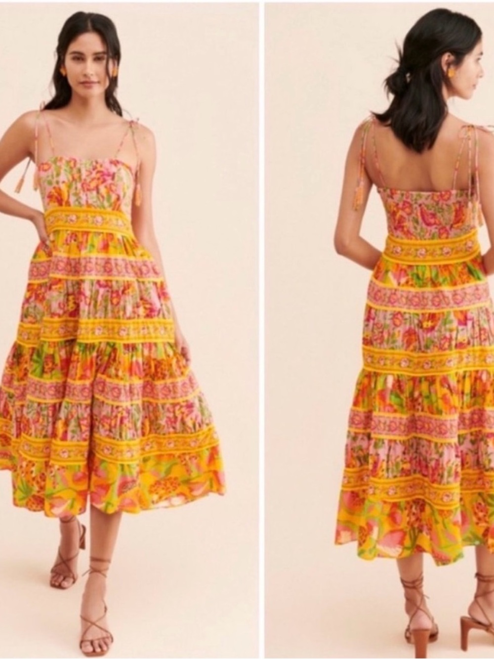 FARM Rio Yellow Pink Floral Tiered Midi Dress with Tie Straps